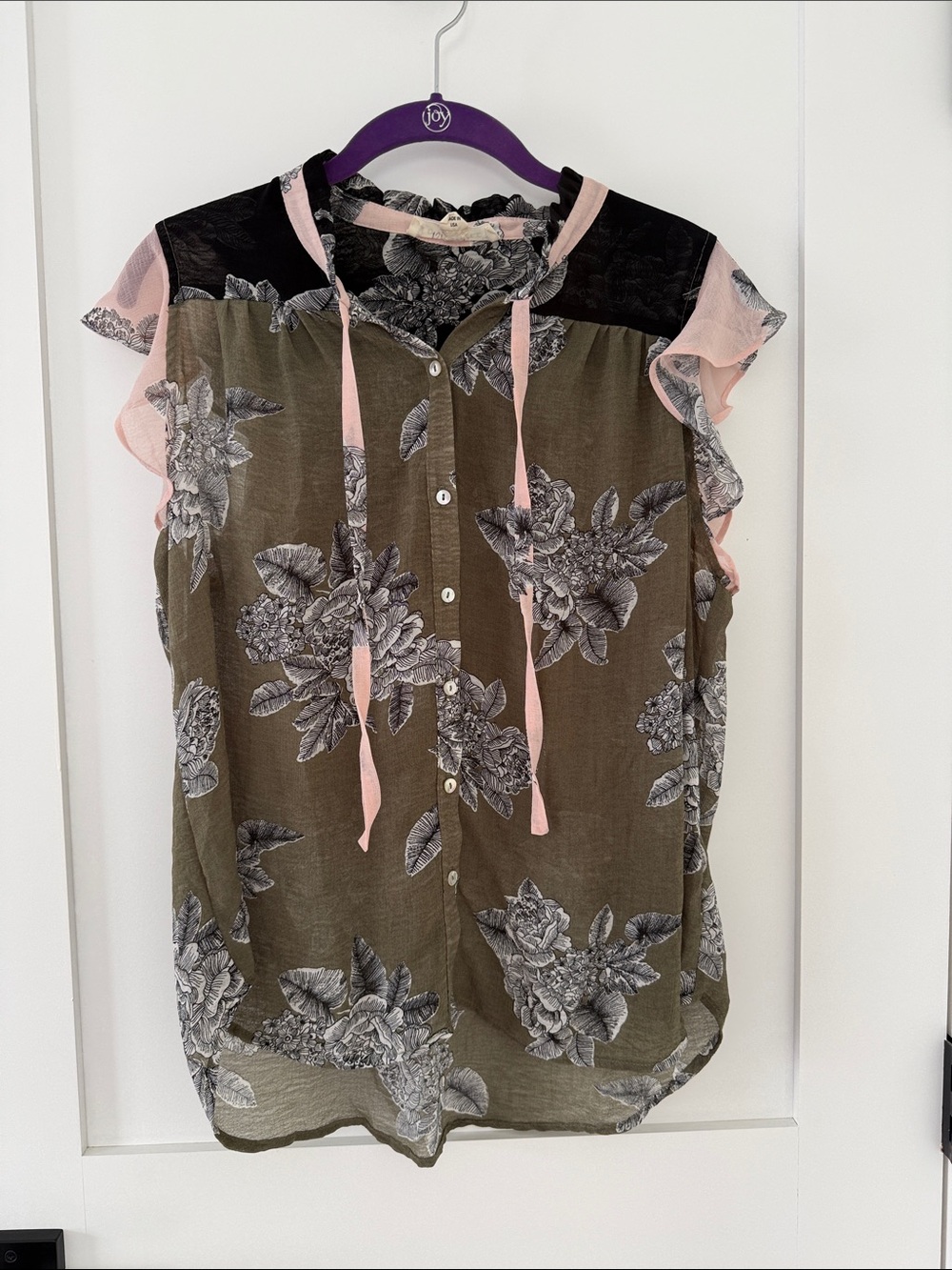 lovestitch Olive Floral Tie-Neck Blouse with Pink Trim